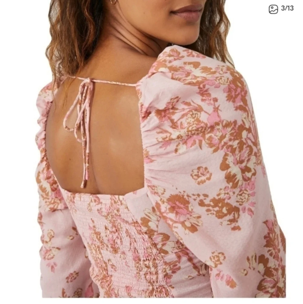 Free People Hilary Top Small Boho Long Sleeve Peasant Blouse Floral Pink Hillary